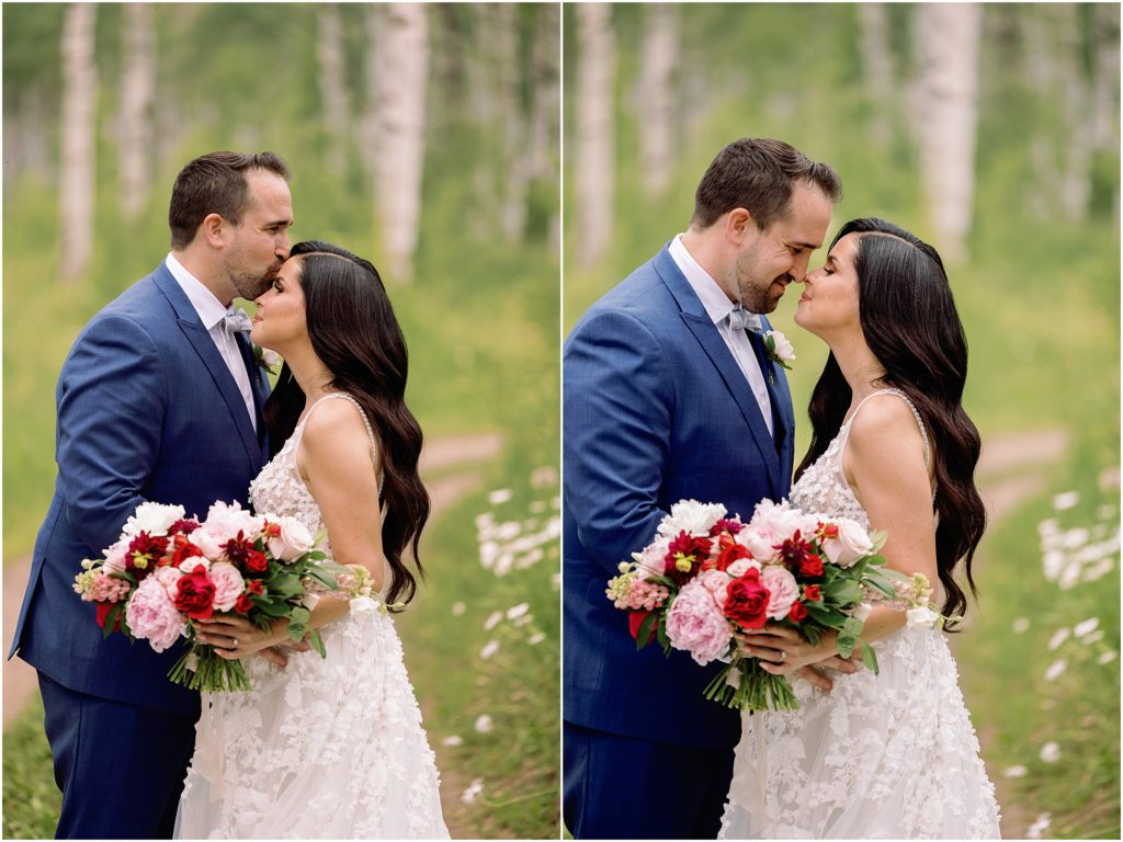 Bride and groom first look at Flying Diamond Ranch in Steamboat Springs. Bride holding bouquet designed by We Plus You.