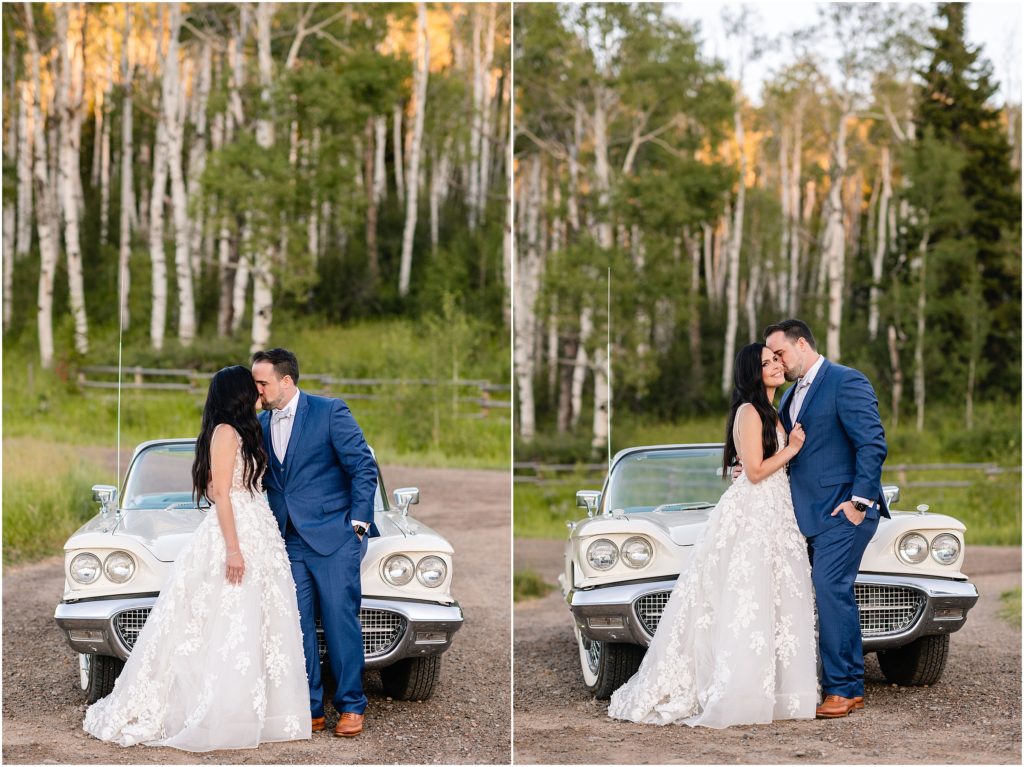 Bride and groom in front of car after wedding ceremony at Flying Diamond Ranch in Steamboat Springs