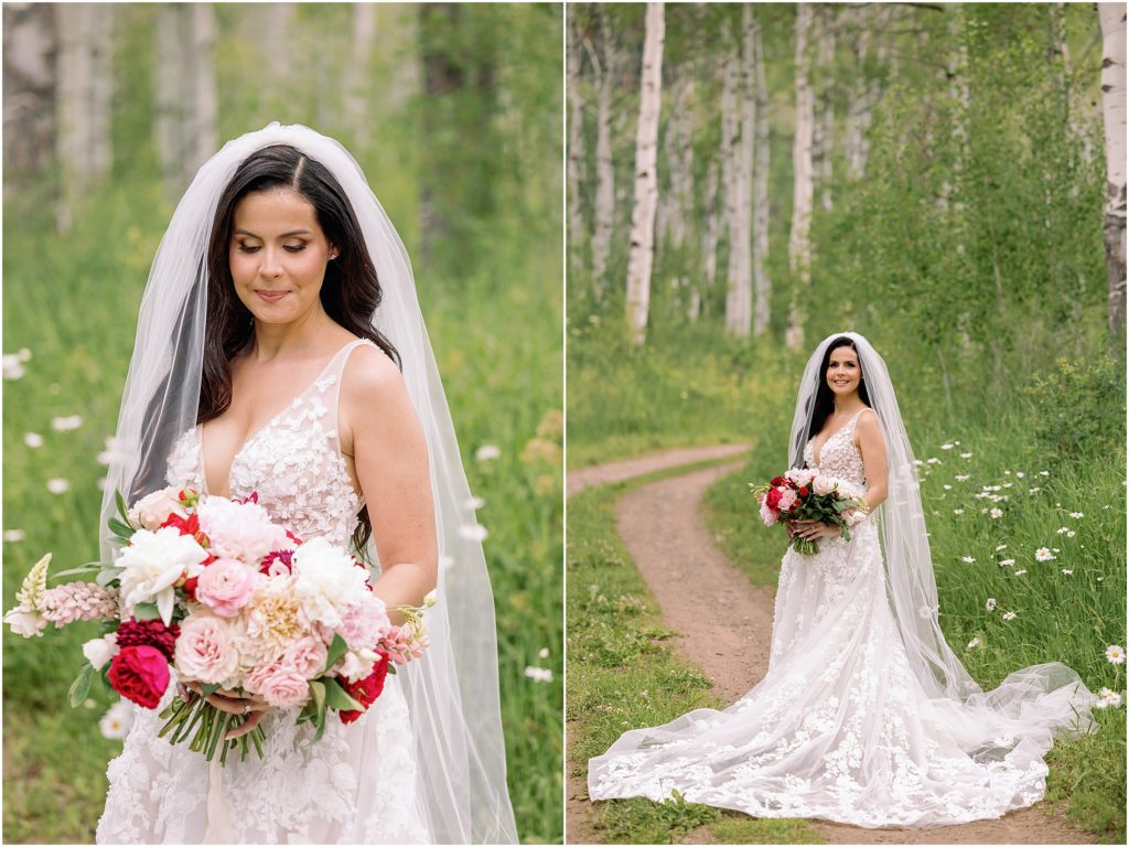 Bride on trail at Flying Diamond Ranch in Steamboat Springs. Bride holding bouquet designed by We Plus You.