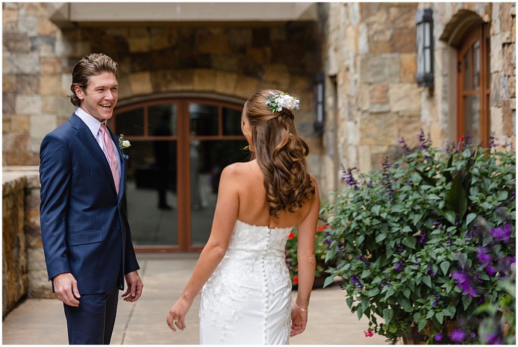 Bride and groom first look at Four Seasons Vail