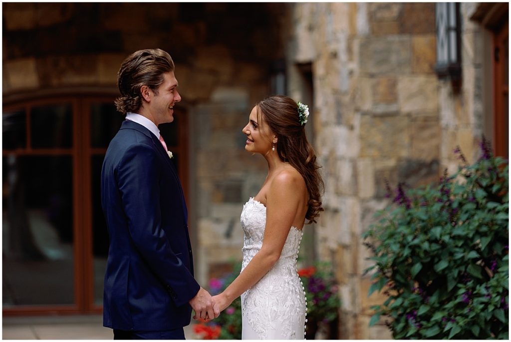 Bride and groom first look at Four Seasons Vail