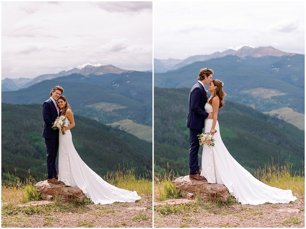 Bride and groom at top of Vail mountainBride and groom at top of Vail mountain