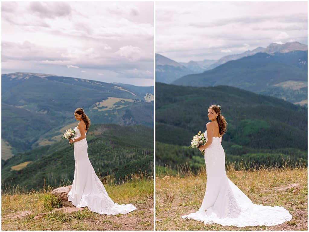 Bride standing at top of Vail mountain