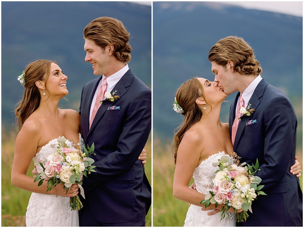 Bride and groom at top of Vail mountain.  Bride holding bouquet designed by Fancy Pansy.