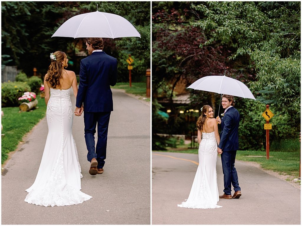 Bride and groom on trail at Vail mountain.  