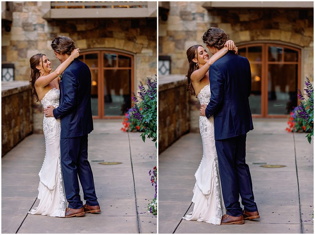 Bride and groom outside first dance at Four Seasons Vail.