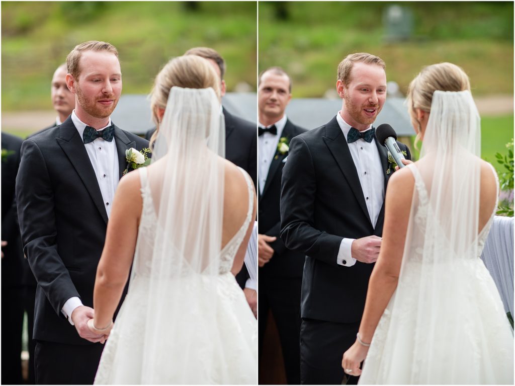 Bride and groom exchanging vows during wedding ceremony in Beaver Creek Park Hyatt