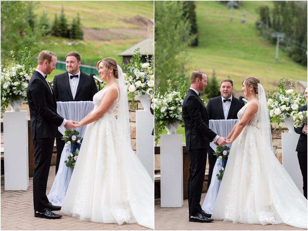 Bride and groom holding hands during wedding ceremony in Beaver Creek Park Hyatt