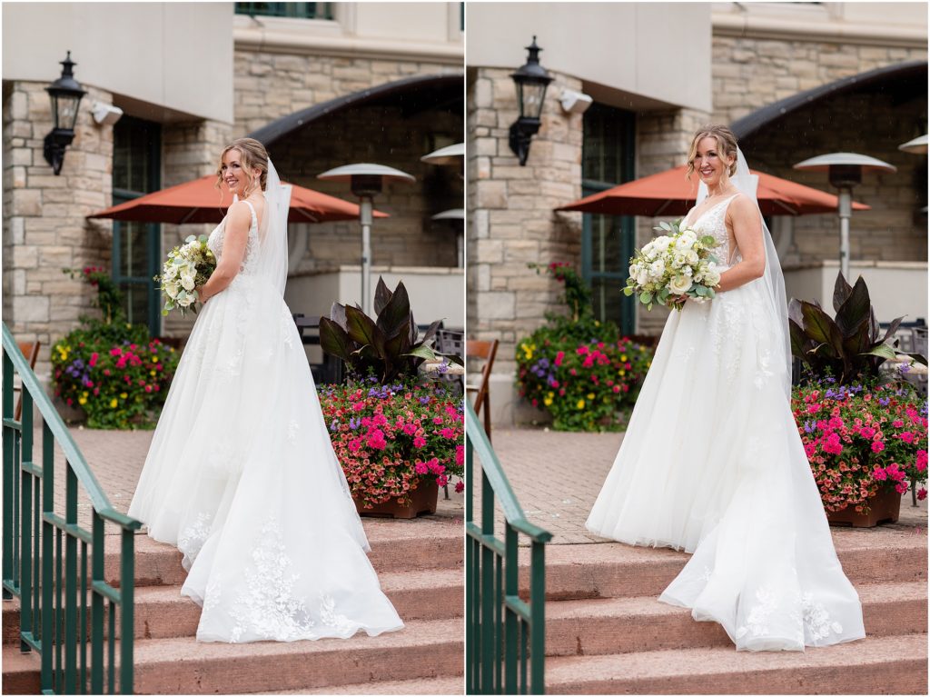 Bride standing outside at Park Hyatt Beaver Creek wearing dress from Whittington Bridal