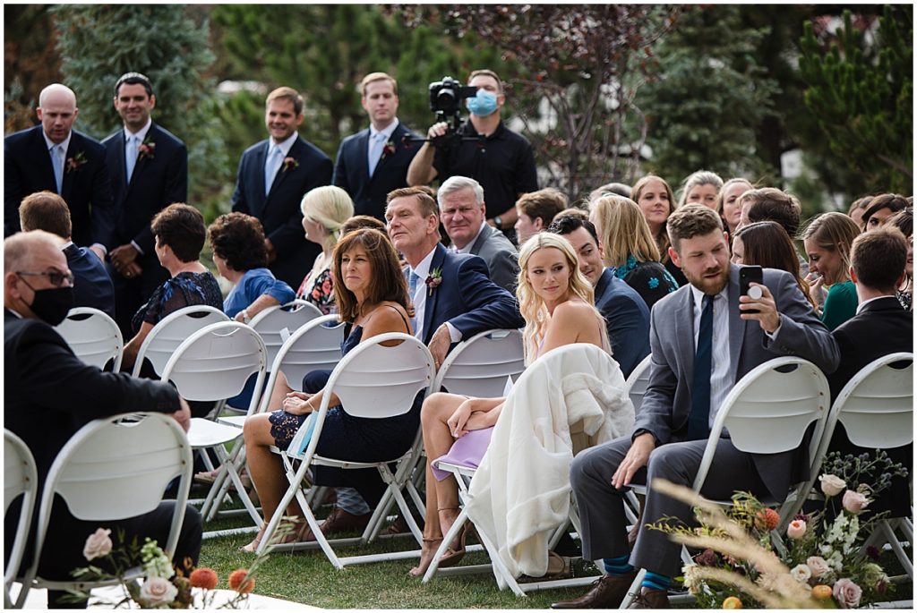 Wedding guests outside at the Stanley Hotel in Estes Park.