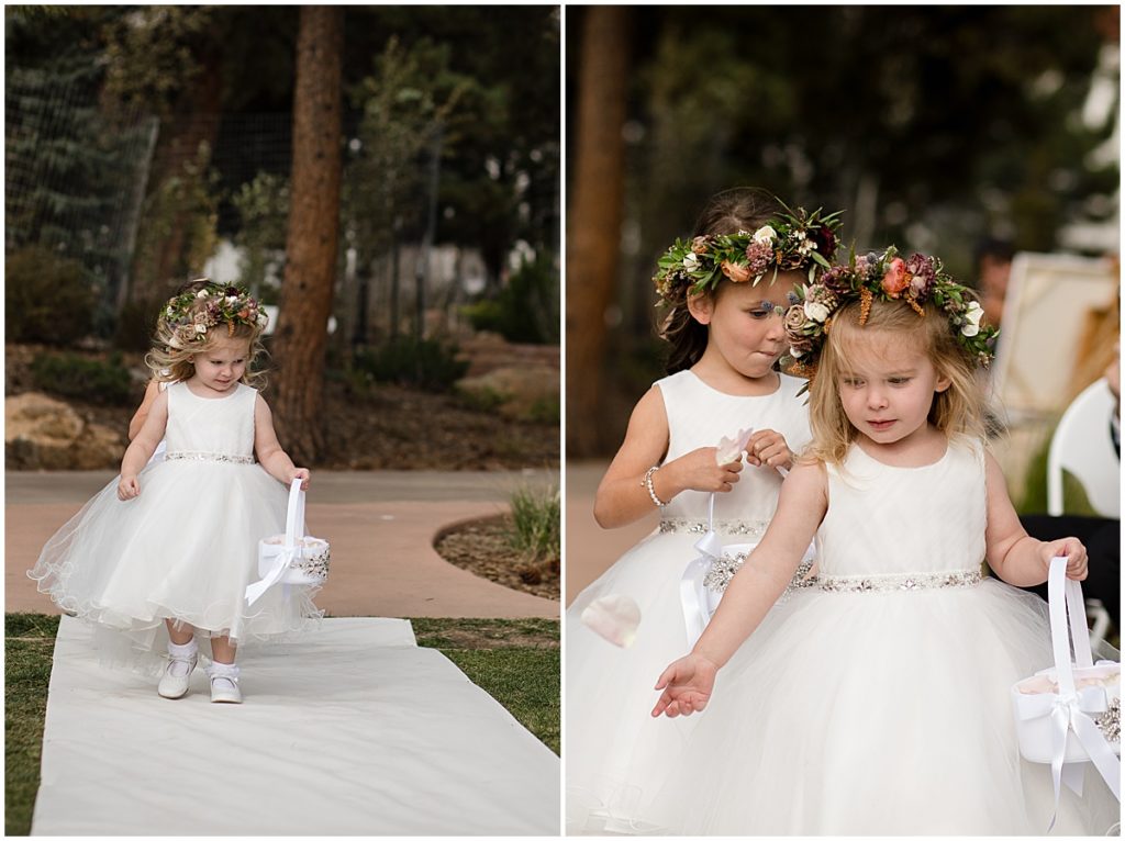 Flower girls with floral decor by Lace and Lilies Flowers at the Stanley Hotel in Estes Park.