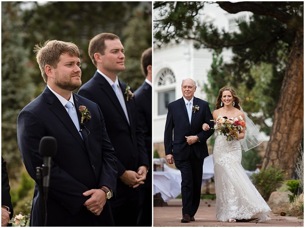 Bride and groom at the Stanley Hotel in Estes Park.  Bride holding bouquet by Lace and Lilies Flowers.