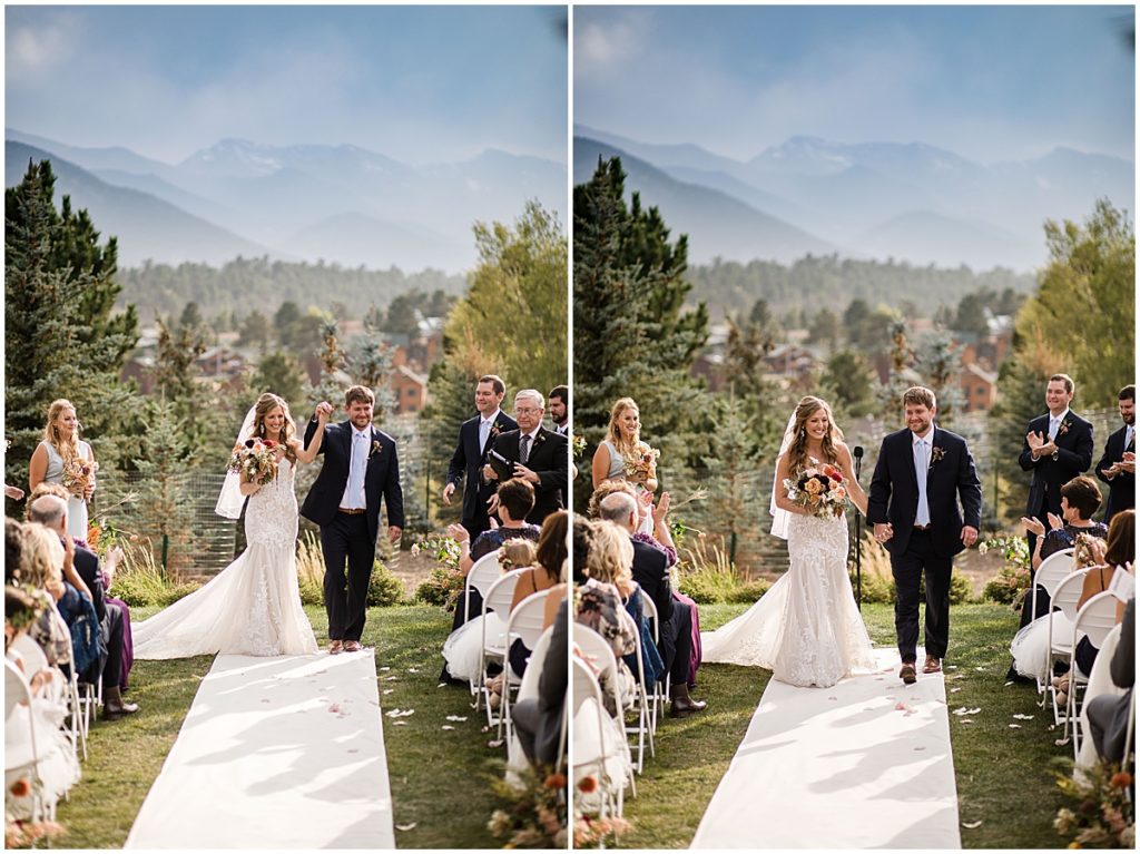 Bride and groom walking down the isle after wedding ceremony at the Stanley Hotel in Estes Park.