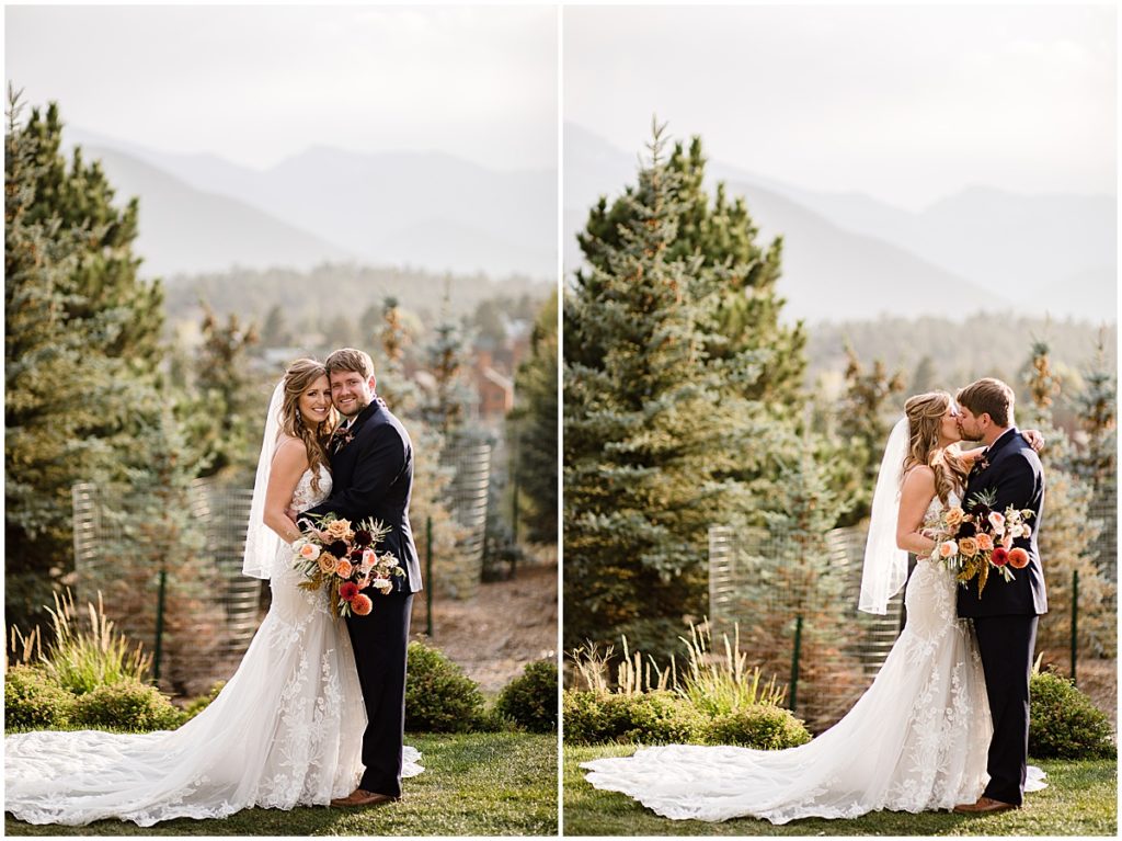 Bride and groom at the Stanley Hotel in Estes Park.  Bride is wearing dress from Town and Country Bridal holding bouquet from Lace and Lilies Flowers.  Groom wearing suit from Jos A Bank.