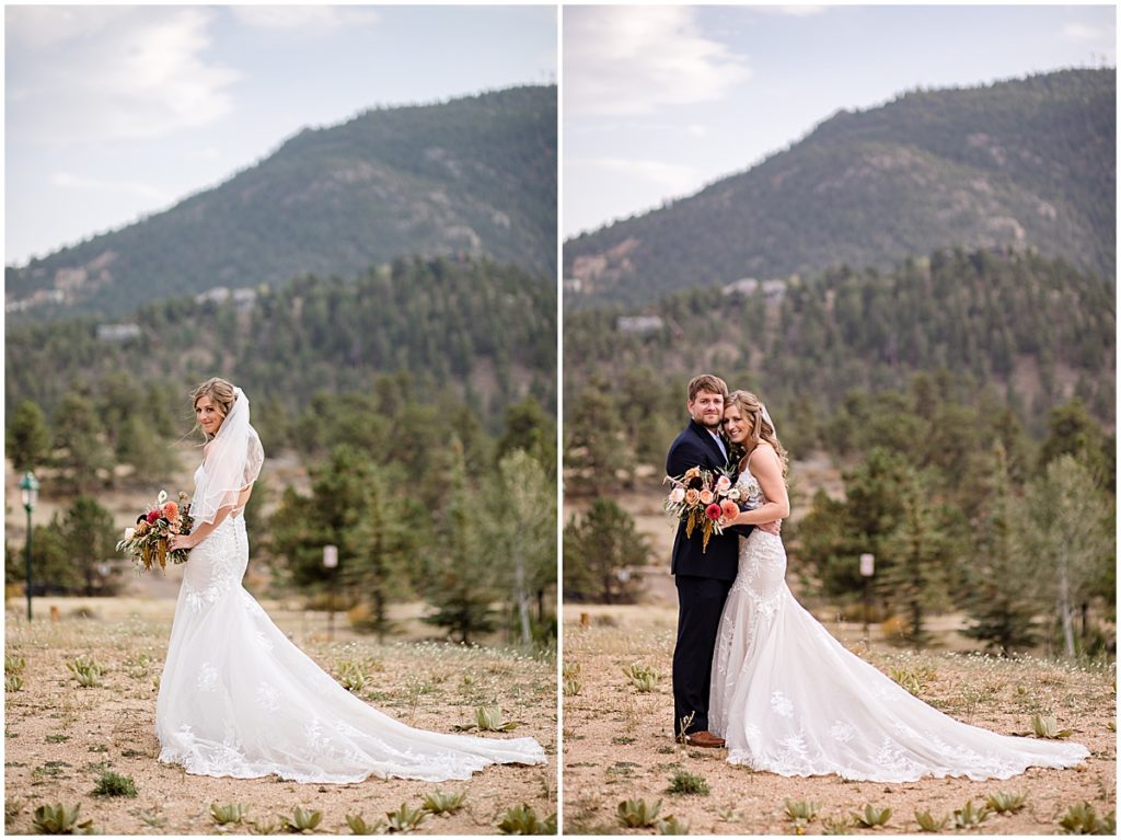 Bride and groom at the Stanley Hotel in Estes Park.  Bride is wearing dress from Town and Country Bridal holding bouquet from Lace and Lilies Flowers.  Groom wearing suit from Jos A Bank.