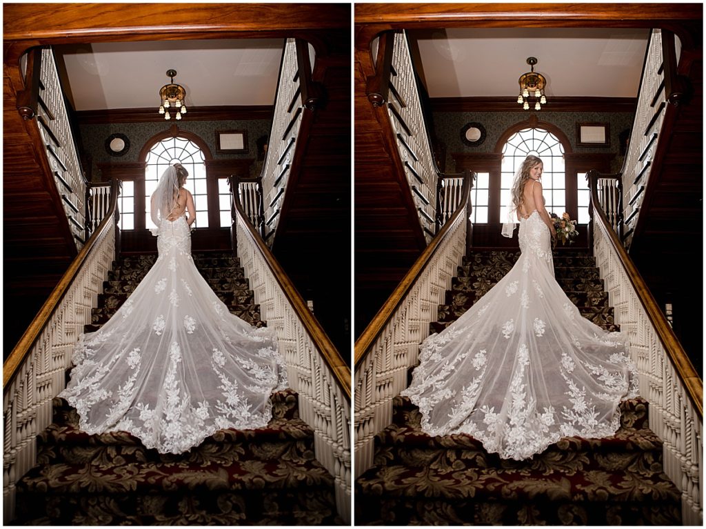 Bride at the Stanley Hotel in Estes Park.  Bride is wearing dress from Town and Country Bridal holding bouquet from Lace and Lilies Flowers.  