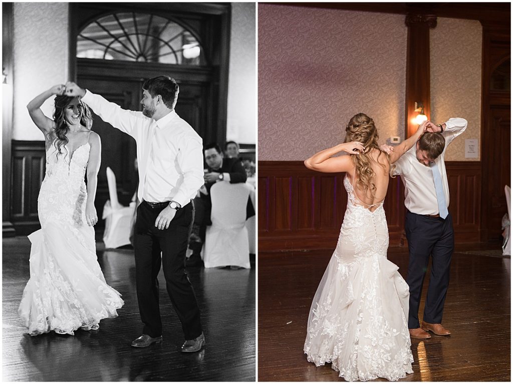 Bride and groom first dance at the Stanley Hotel in Estes Park.  Bride is wearing dress from Town and Country Bridal.  Groom wearing suit from Jos A Bank.