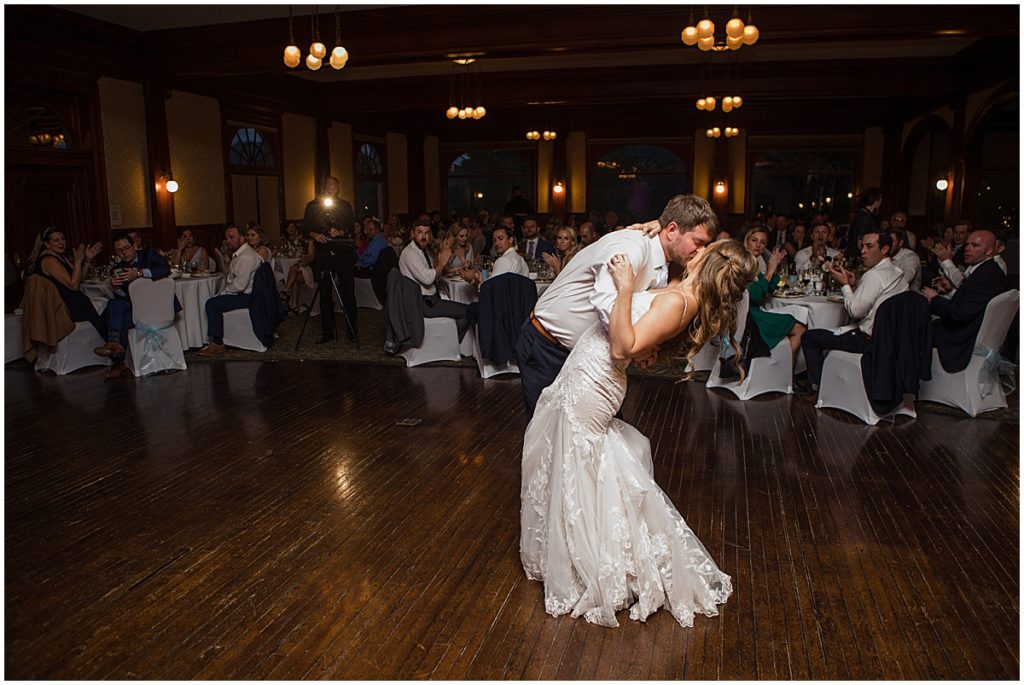 Bride and groom first dance at the Stanley Hotel in Estes Park.  Bride is wearing dress from Town and Country. Groom wearing suit from Jos A Bank.