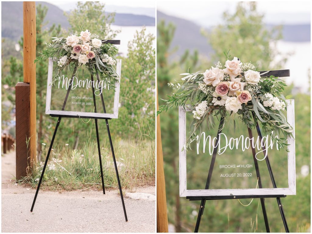 Wedding sign with floral decor designed by Palmer Flowers