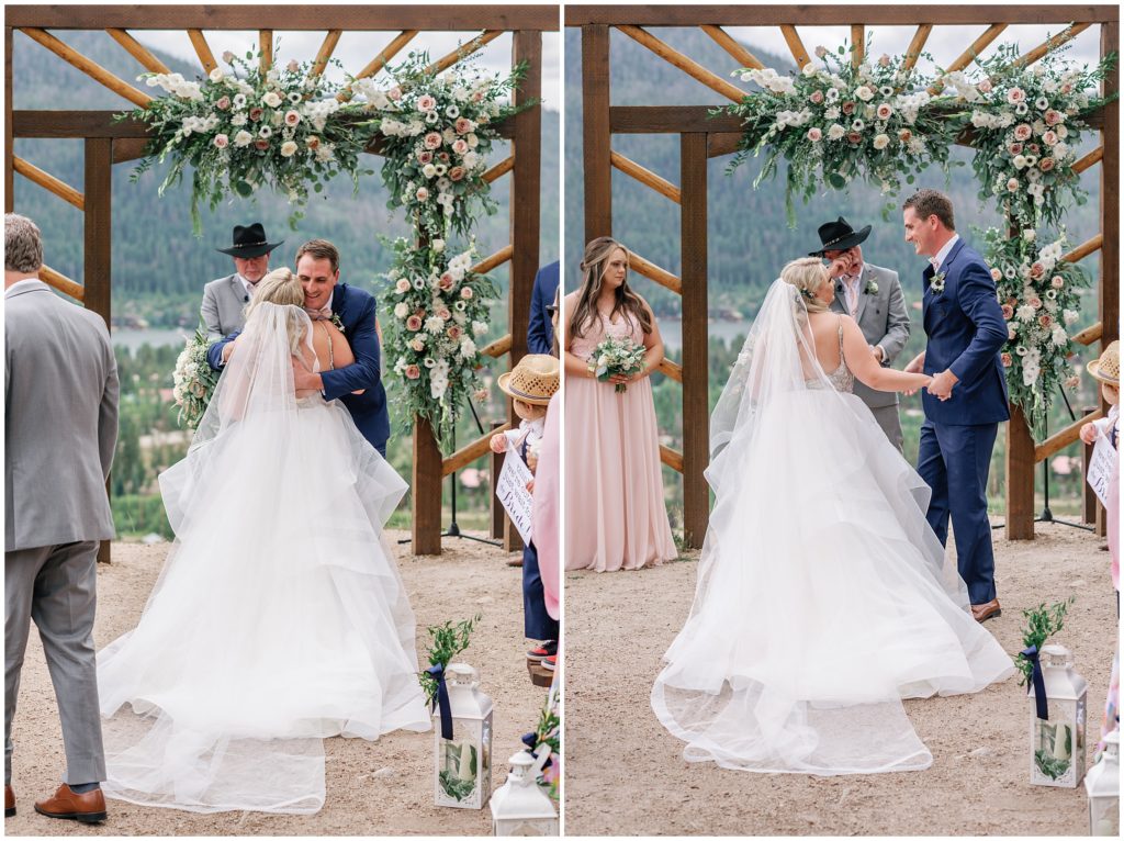 Bride and groom hug after she walked down aisle for ceremony