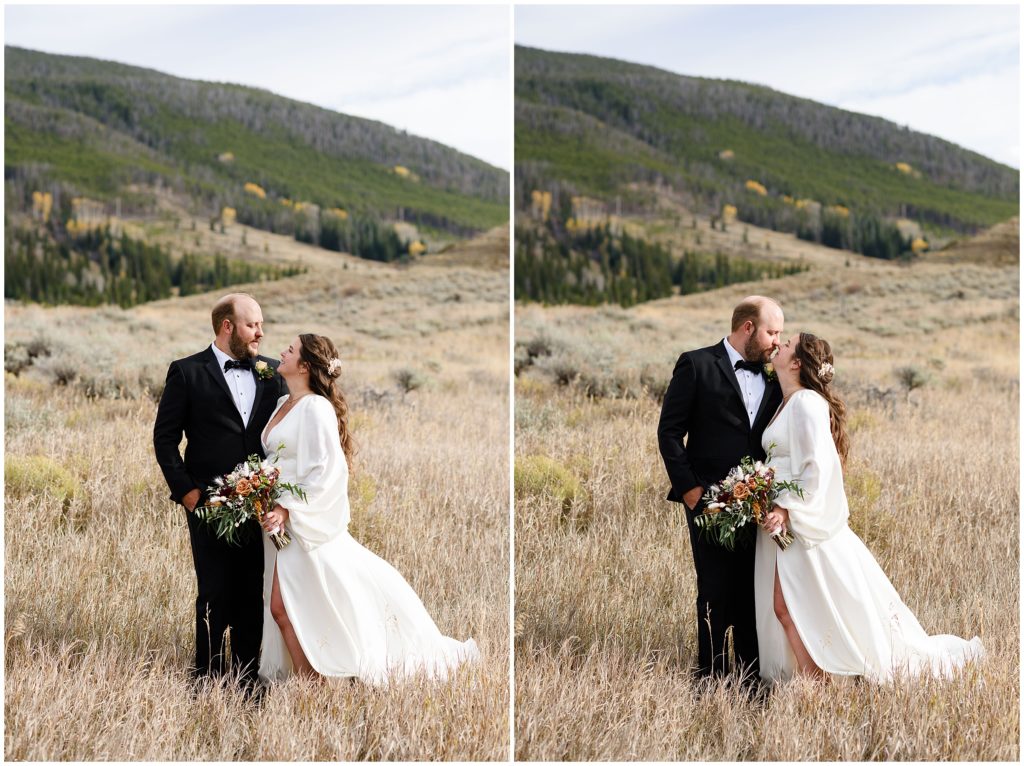 Bride and groom outside in the Colorado fall mountains