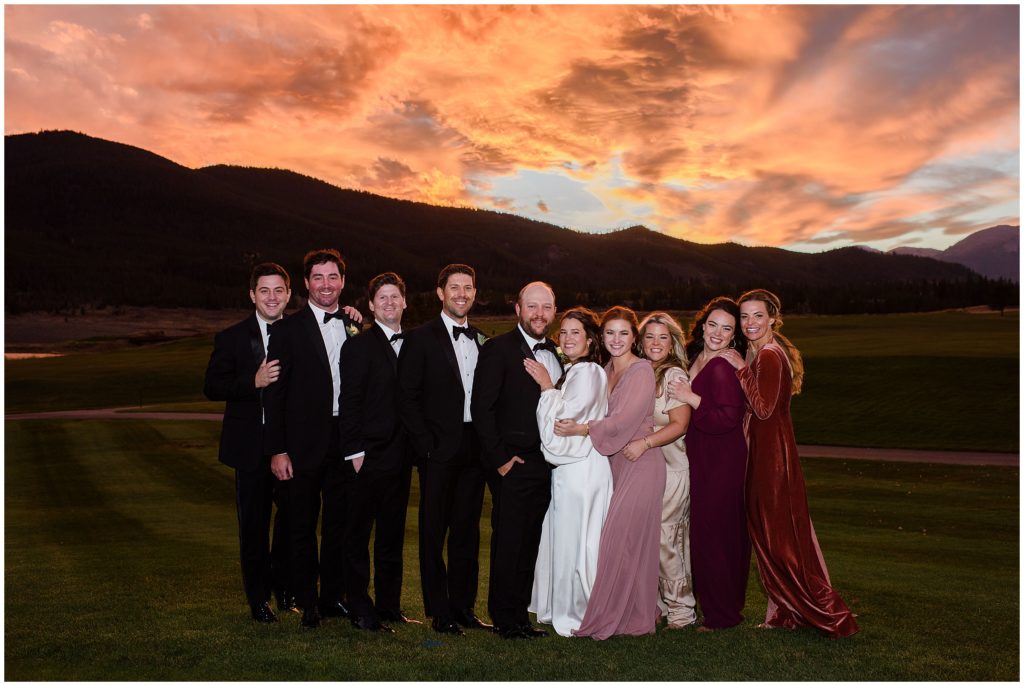 Bridal party outside sunset at Keystone Ranch