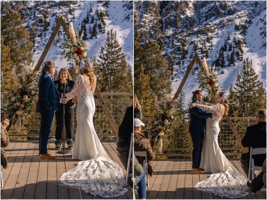 Bride and groom embrace after ceremony at Arapahoe Basin.
