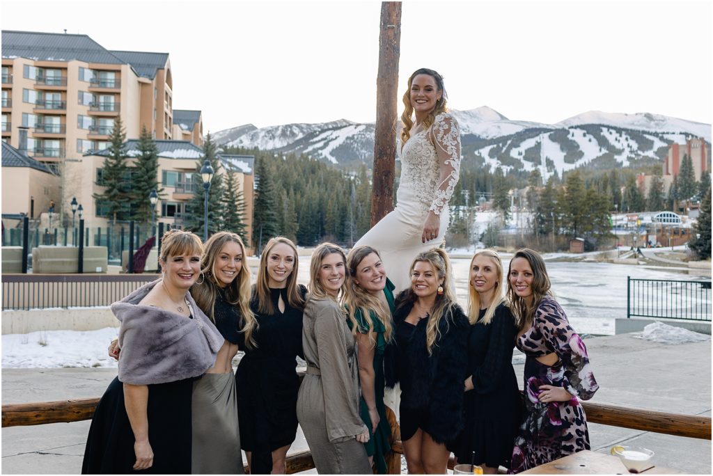 Bride outside with wedding guests at Quandary Grill in Breckenridge