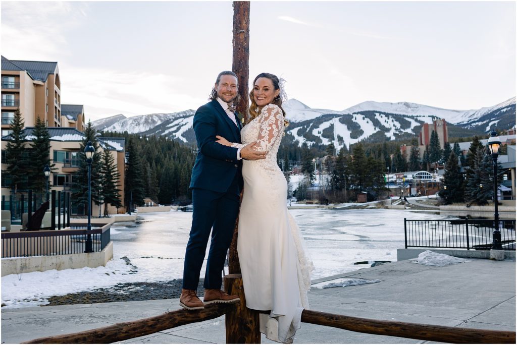 Bride and groom outside at Quandary Grill in Breckenridge