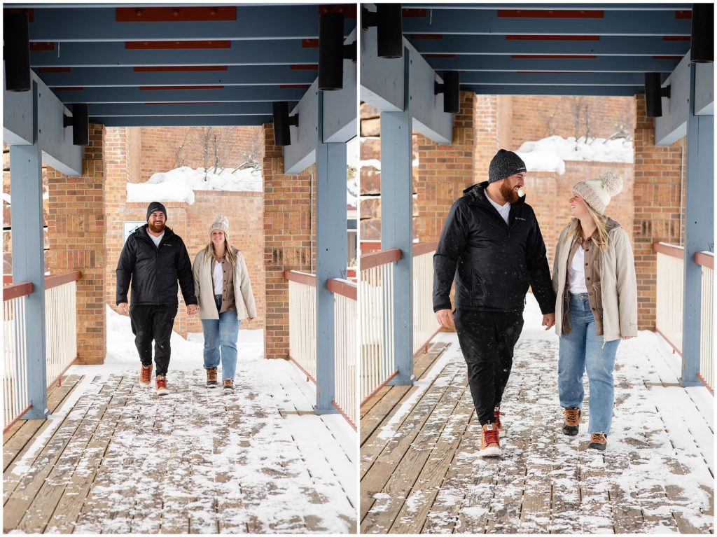 Breckenridge Christmas Week Proposal. Walking across the bridge