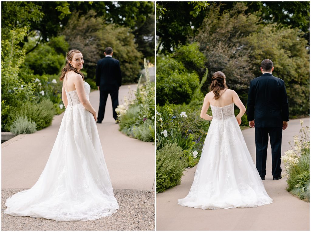 Bride first look with groom at Denver Botanic Gardens