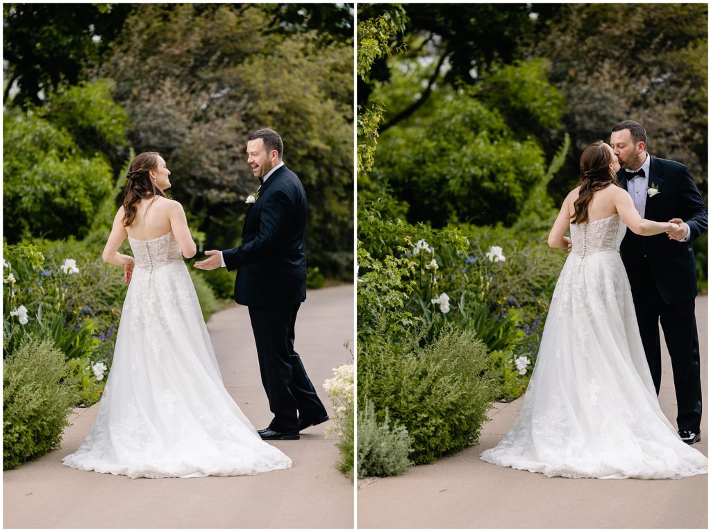 Bride and groom first look at Denver Botanic Gardens