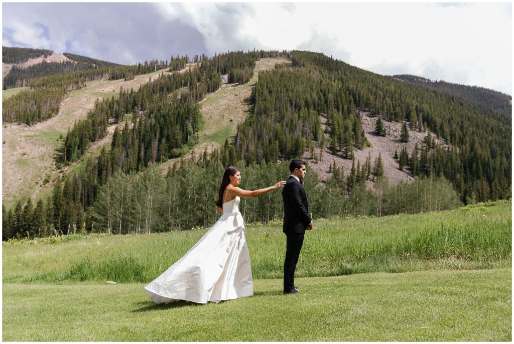 Bride first look with groom at Beaver Creek