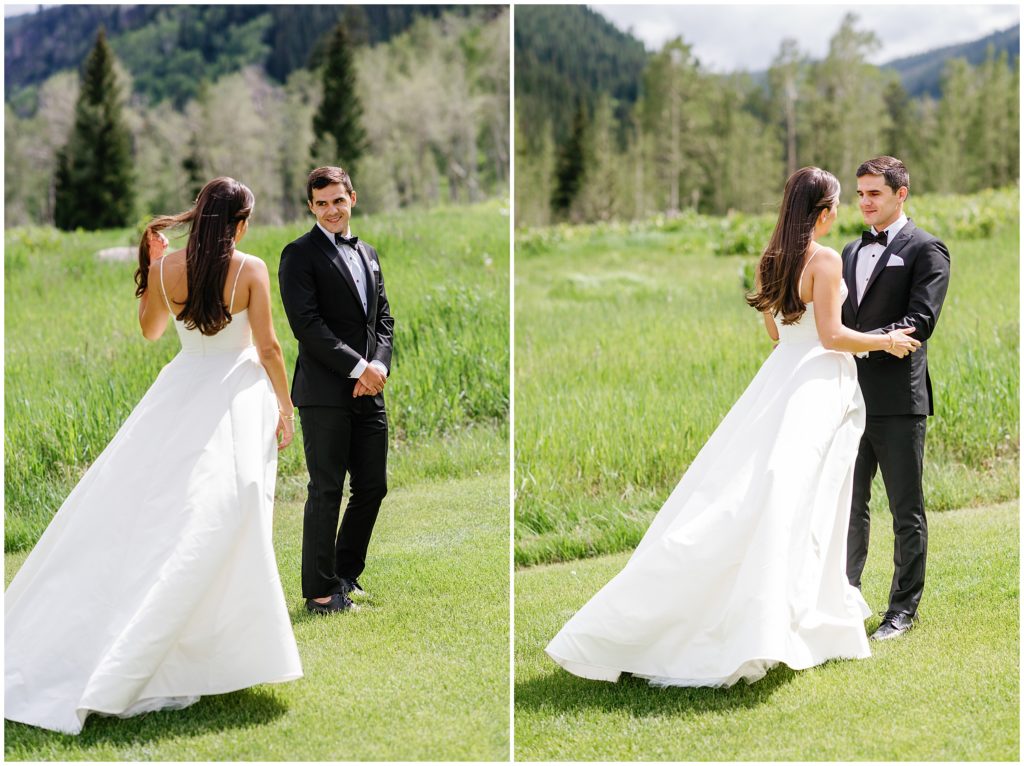 Bride first look with groom at Beaver Creek