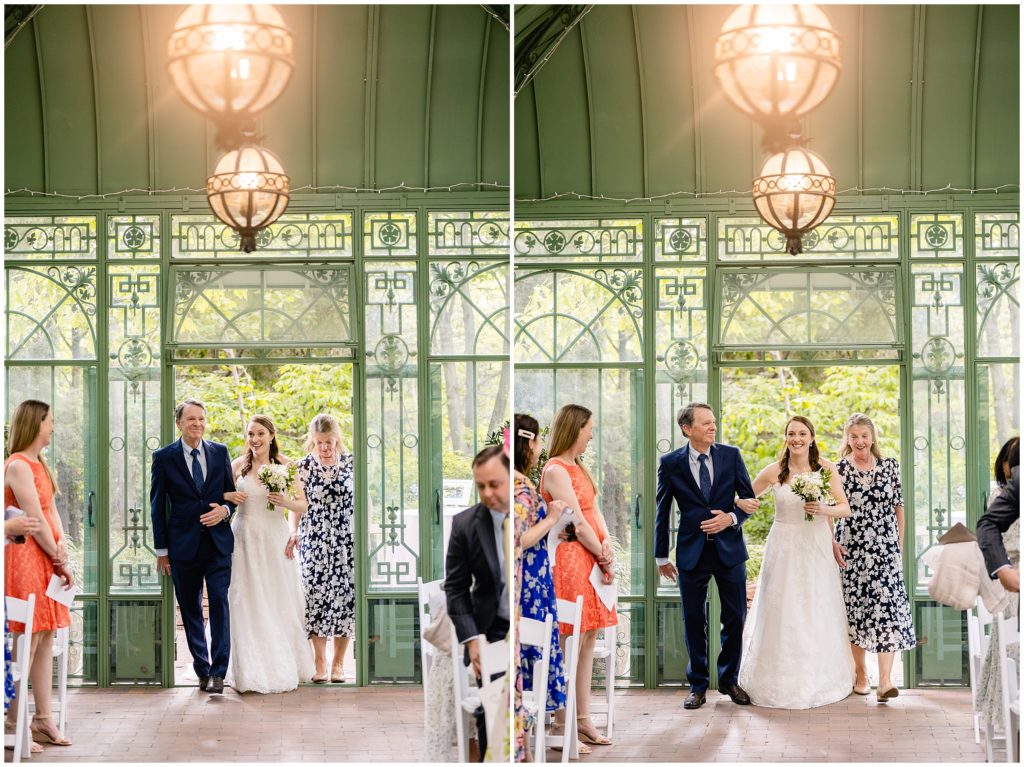 Bride walking down aisle with parents for wedding at Denver Botanic Gardens