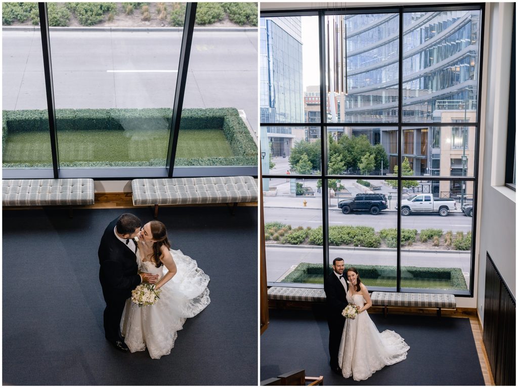 Bride and groom in downtown Denver after ceremony.  Bride wearing dress from Little White Dress holding bouquet from Plum Sage Flowers