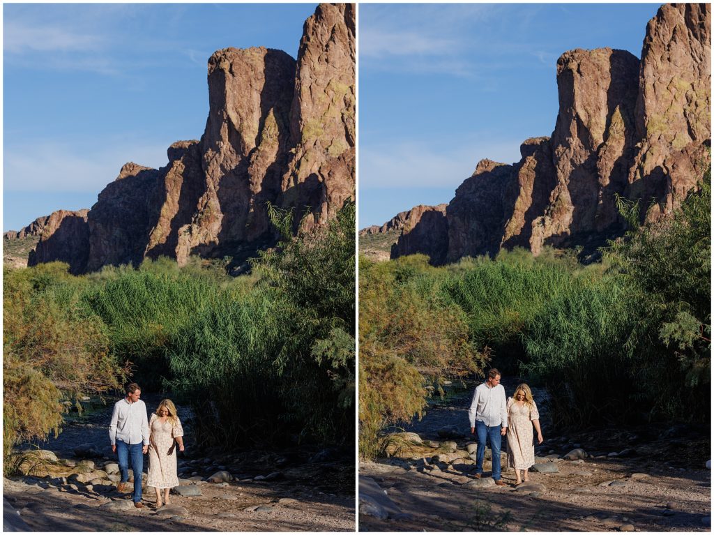 Couple walking holding hands during engagement session in Phoenix Arizona