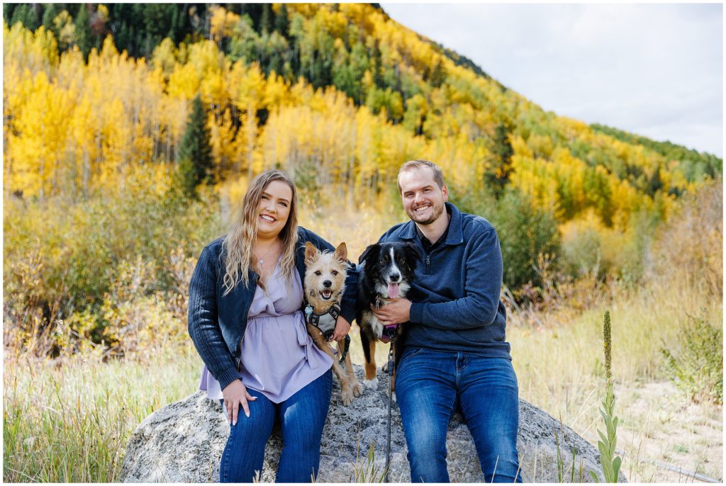 Vail fall engagement session with pet dogs