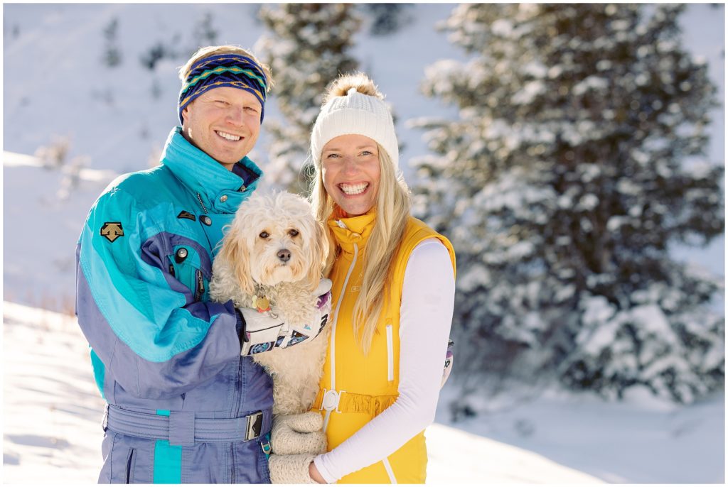 Winter snow engagement session in Vail with puppy