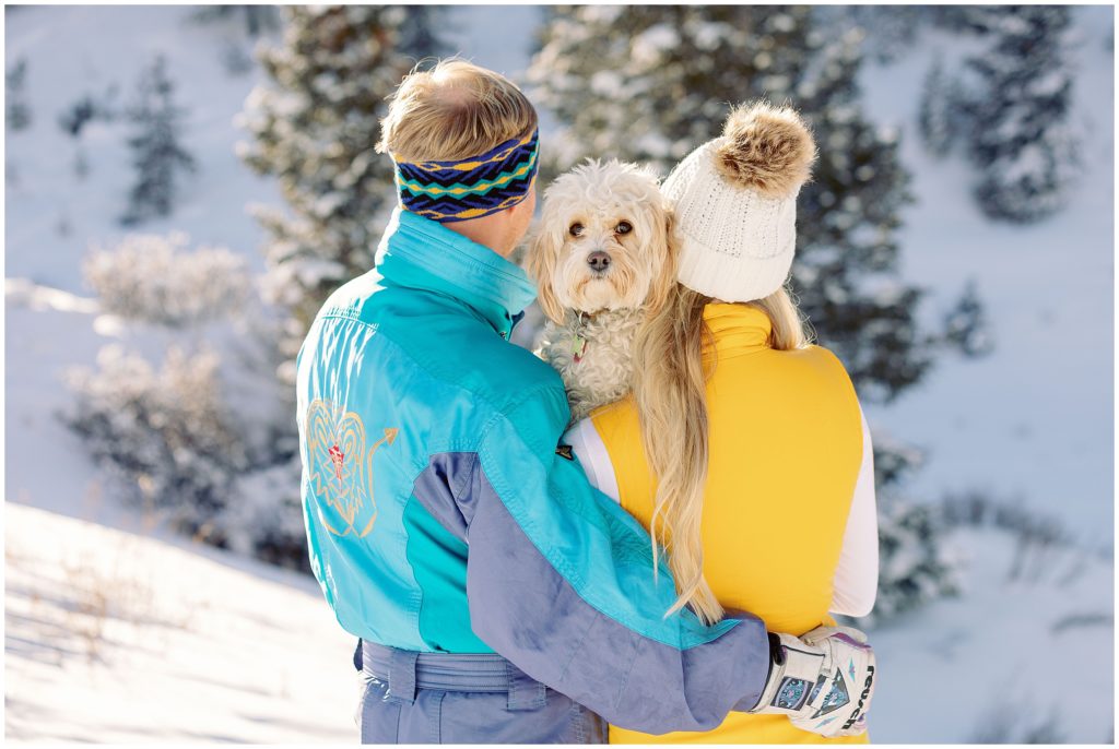 Winter snow engagement session in Vail with puppy