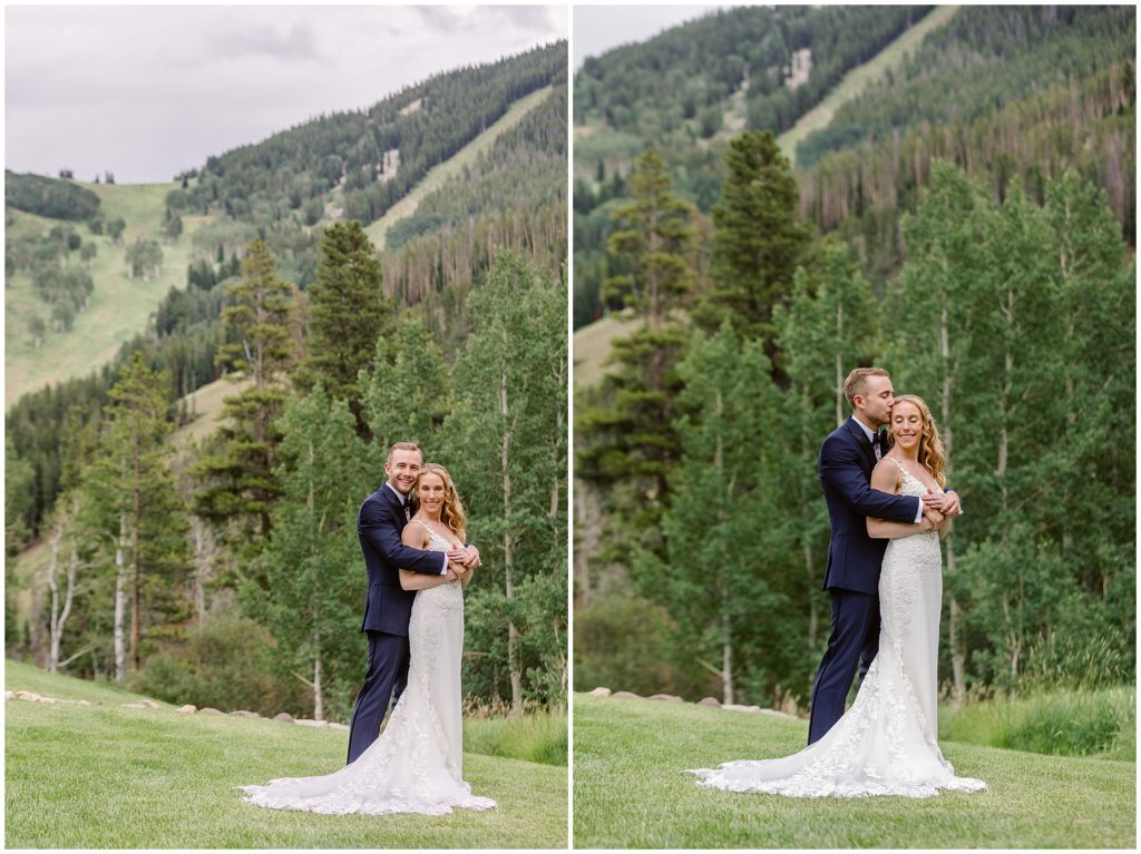 Bride and groom outside beans cabin before wedding