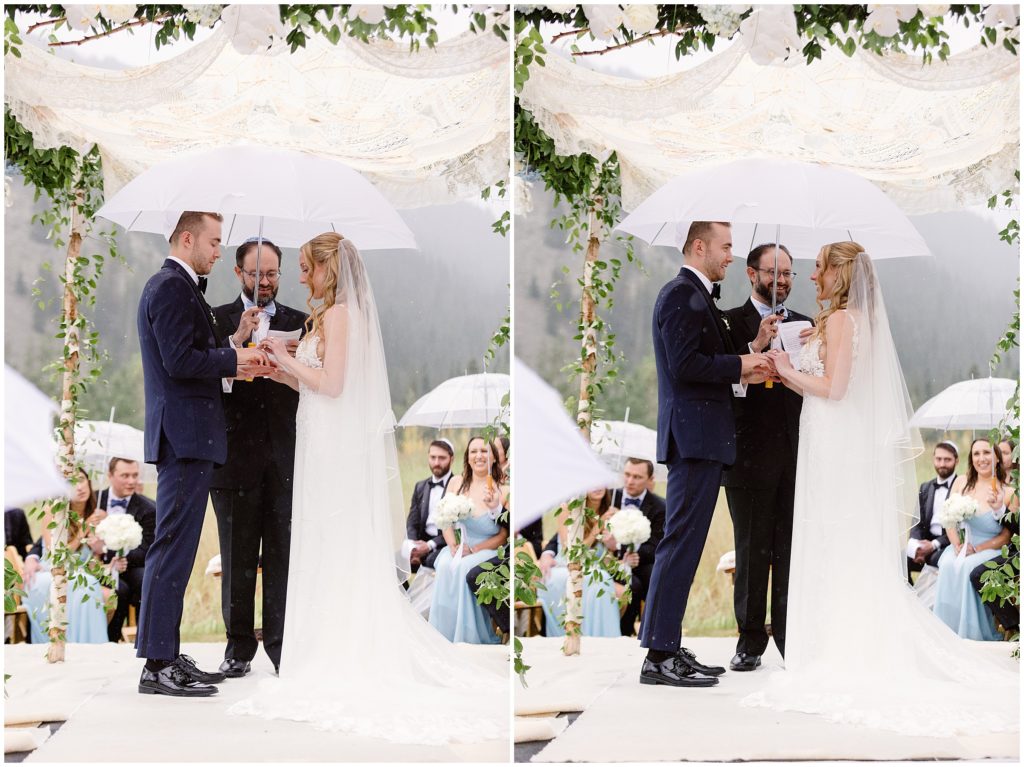 Bride and groom exchanging rings during ceremony