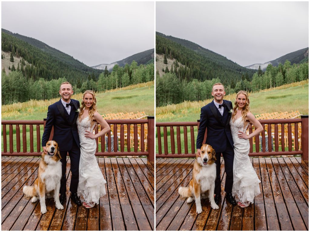 Bride and groom on deck of Beano's Cabin