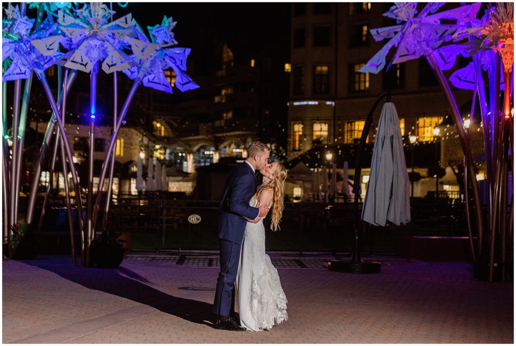 Bride and groom end of wedding night outside at Beaver Creek Park Hyatt