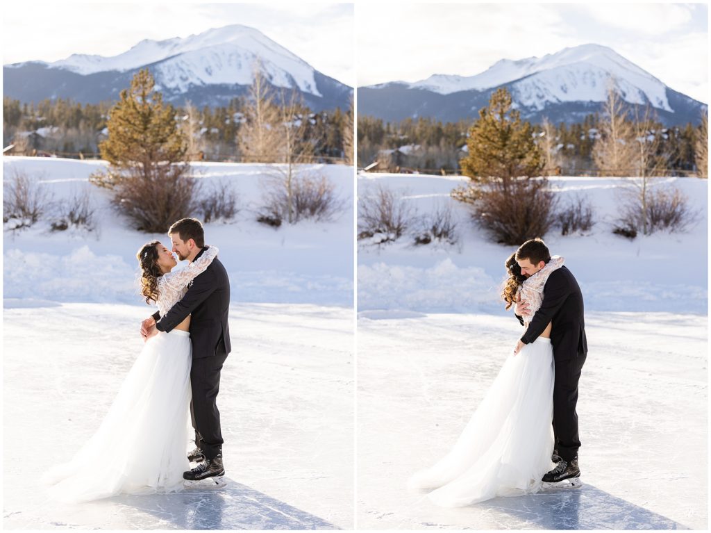 Bride and groom embrace on North Pond Lake during elopement
