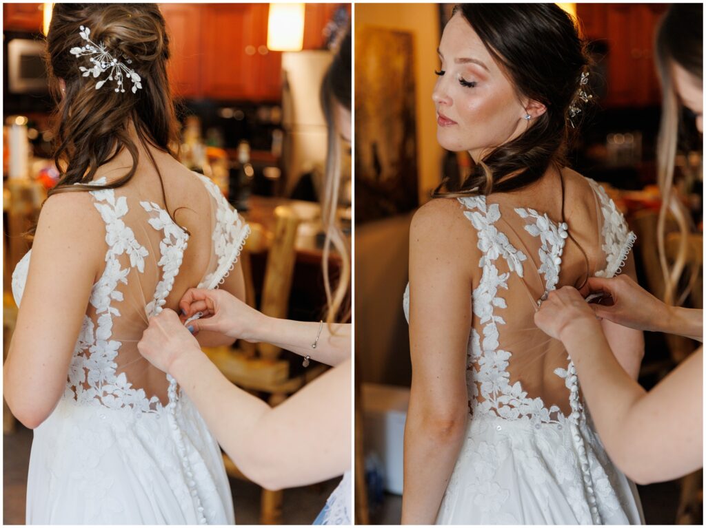 Bride putting on dress from Vera's Bridal before wedding