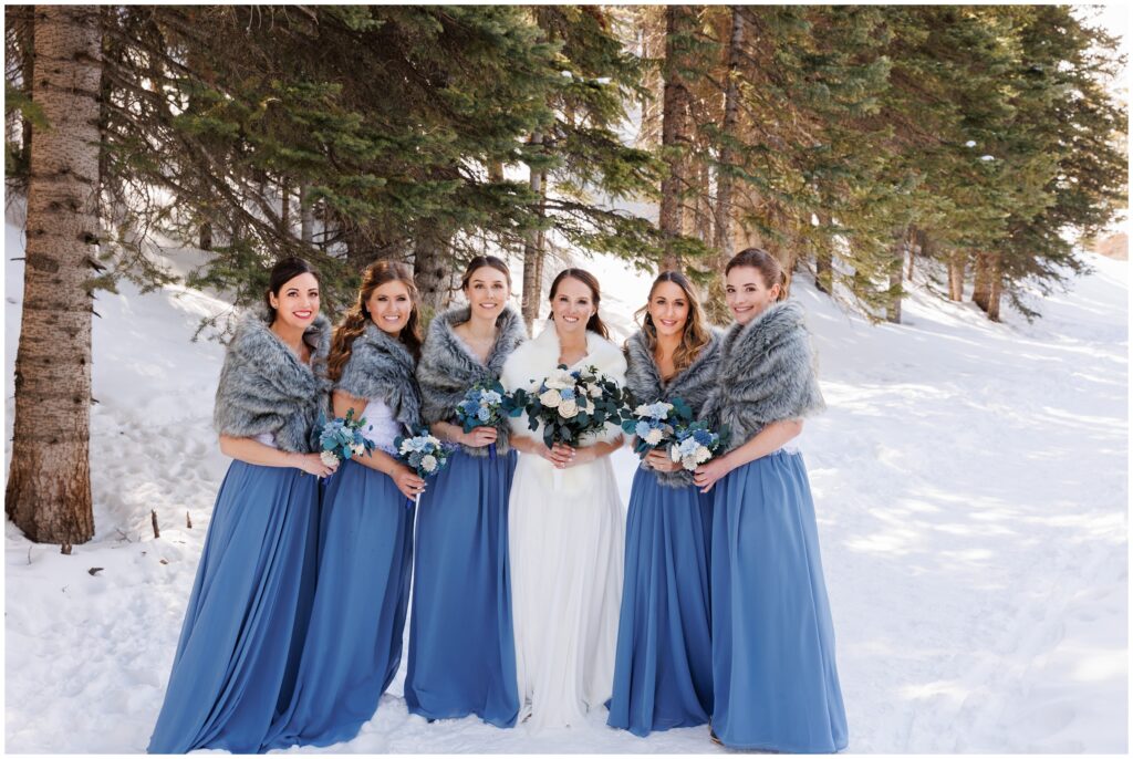 Bridal party outside on snow 