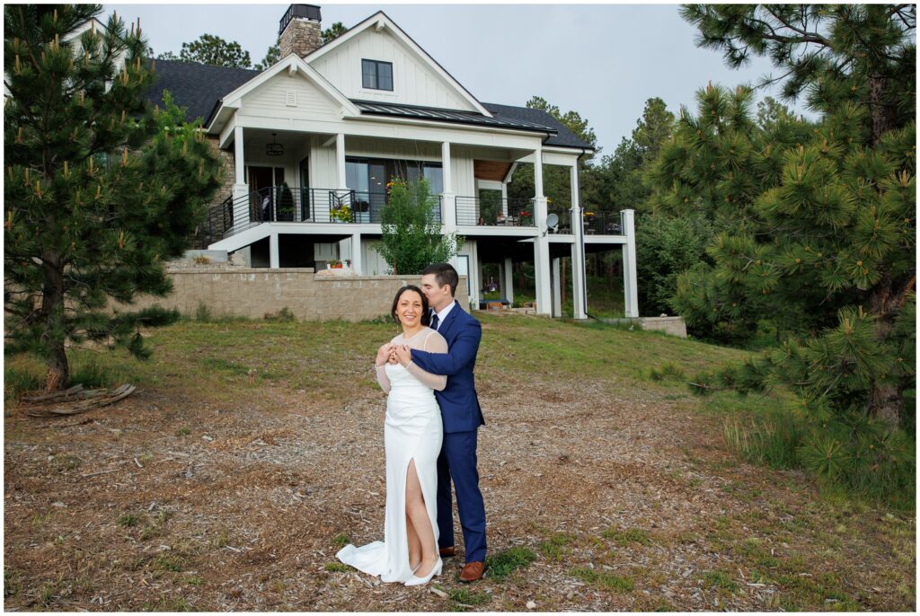 Bride and groom outside house in Larkspur before ceremony