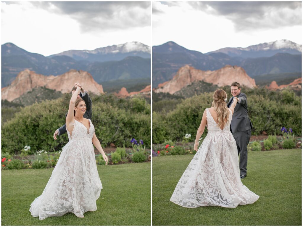 Bride and groom dancing outside at Garden of the Gods Resort