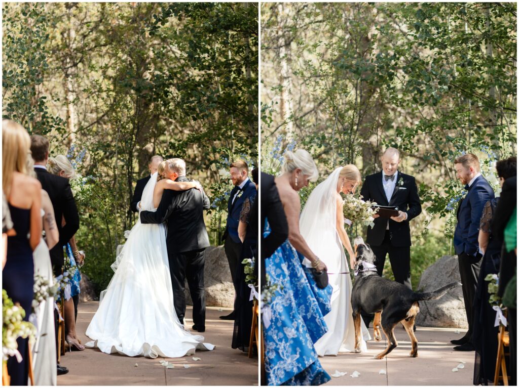 Bride with dad and pet dog at beginning of ceremony